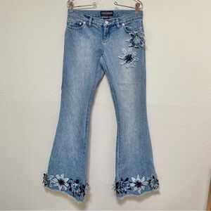 LONDONJEAN Light Blue Denim Floral Embellished Flare Jeans